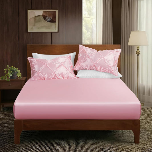P Pothuiny 3-Piece Set Pintuck Satin Pillowcases & Queen Fitted Sheet, Blush Pink Satin Sheet Silky Soft Luxury Romantic Pinch Pleated Bedding Bedroom Dorm Decor, 15 Inch Deep Pocket