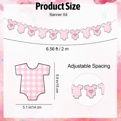 4 Pack Baby Shower Banner, Bodysuit Pink Baby Shower Decorations for Girl, Boy Girl Pink Bodysuit Banner Paper Garland Party Decor Supplies for Birthday Baby Gender Reveal Decorations Photo Props