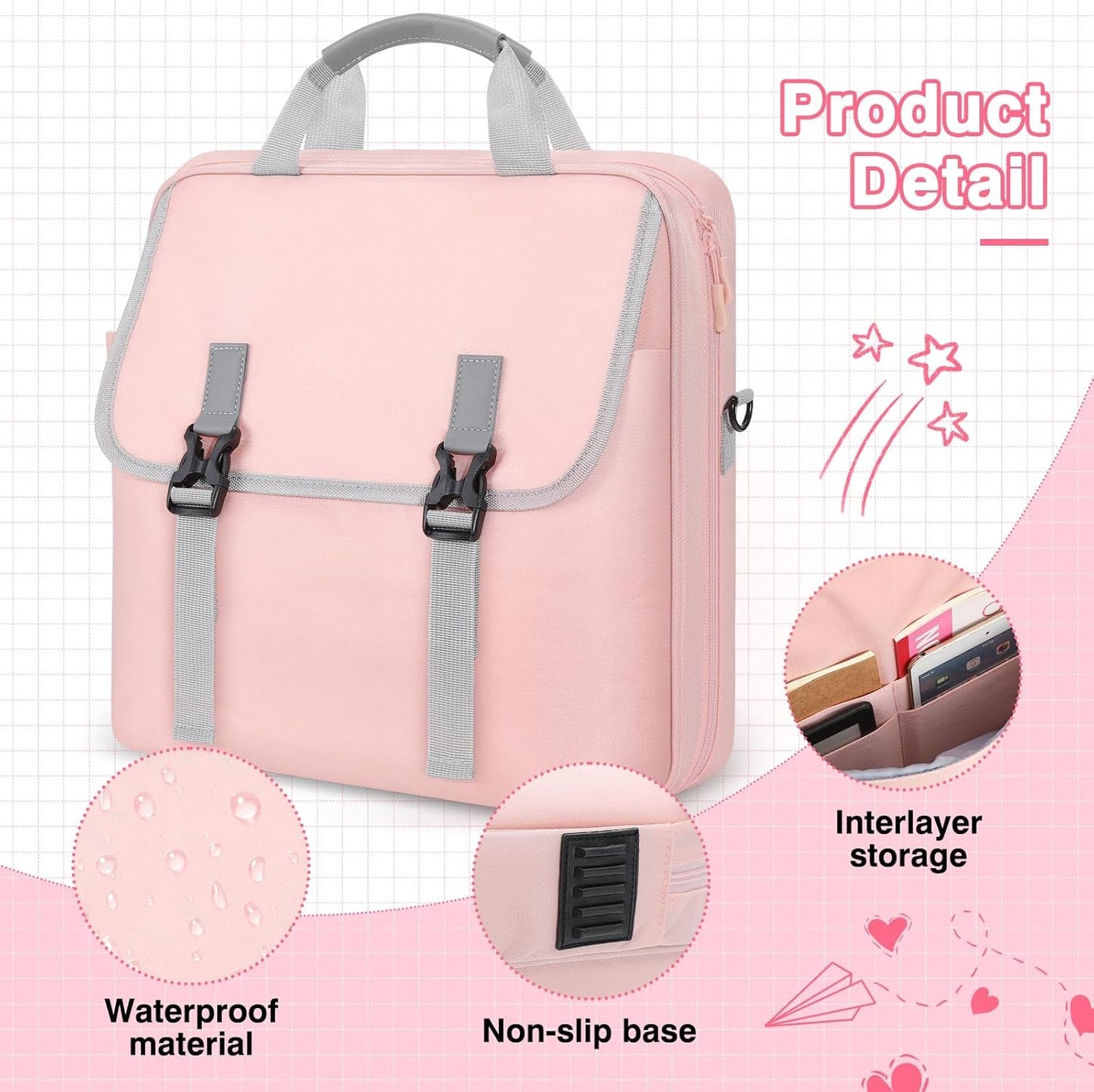 MoKo Zipper Binder Bag, 2 Inch 3 Ring Zipper Binder with Detachable Backpack Strap + Shoulder Strap, 500 Sheets Capacity, Multi-Pocket School Bag Fits 13'' Tablets, 14'' Laptops, Books, Pink