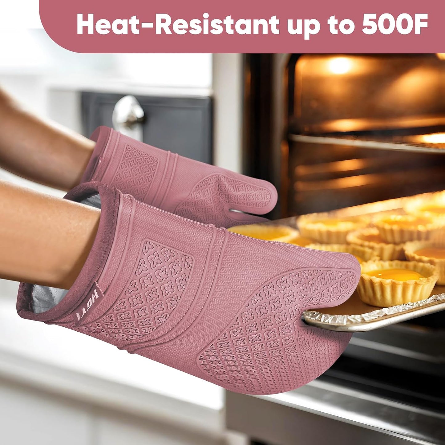 Silicone Oven Mitts, Heat Resistant Oven Gloves with Quilted Liner, Waterproof & Non-Slip Kitchen Mittens for Baking Cooking BBQ, 500°F, 12.5"-Rose Pink