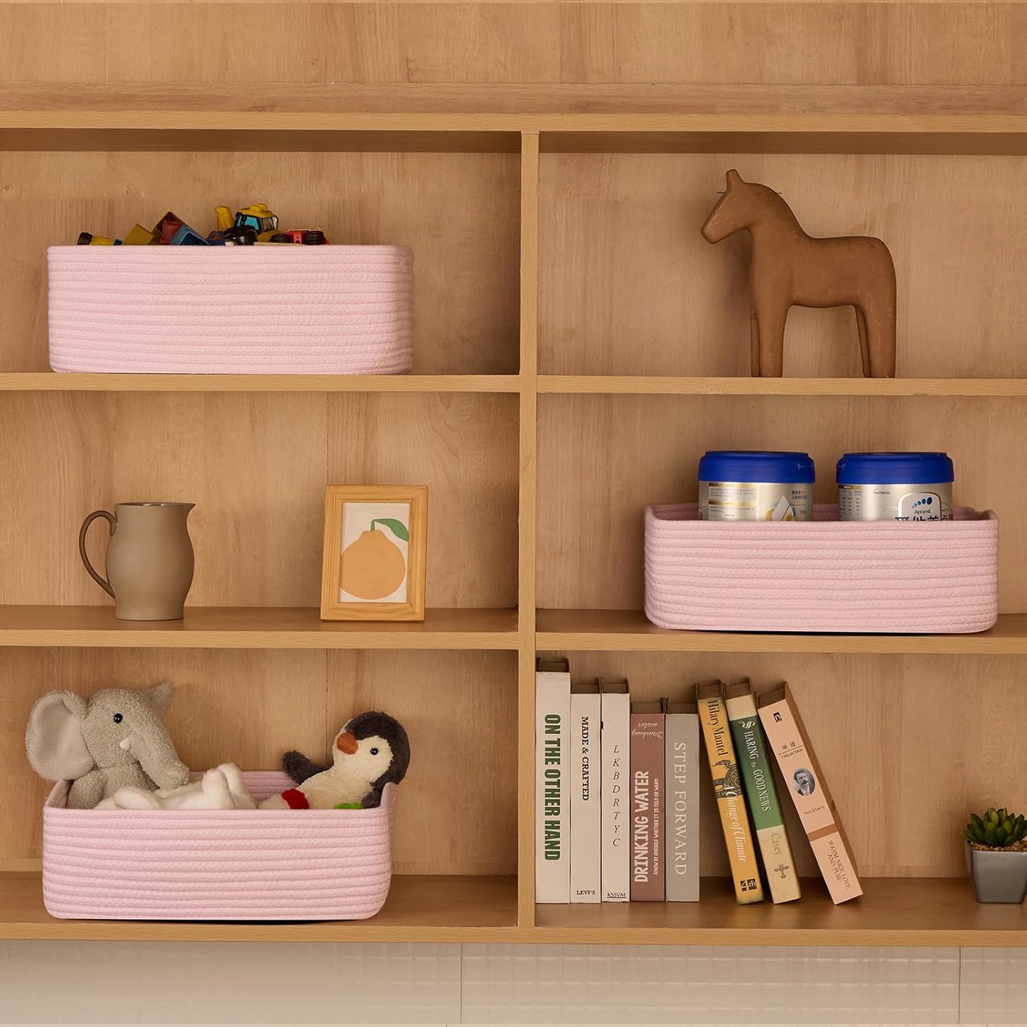 MiniArk Large Shallow Organizing Baskets 15x11x5.1 Inches - Rope Woven Storage Bins for Bathroom, Shelves, Cube Closet, Light Pink 2 Packs