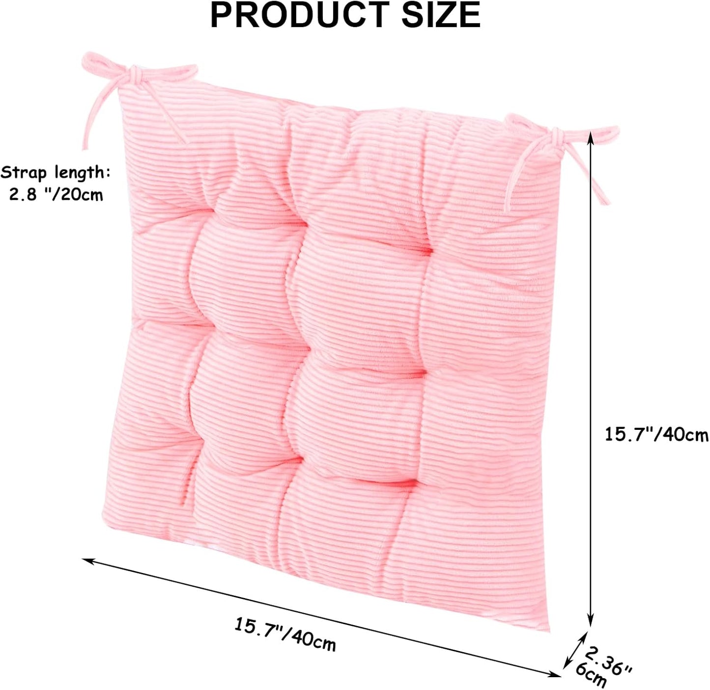 4Pack Chair Cushions for Dining Chairs 15.7"X15.7" Corduroy Chair Pads with Ties Indoor Non-Slip Square Seat Cushion for Kitchen Office Chairs Computer Desk Seat Pad, Pink