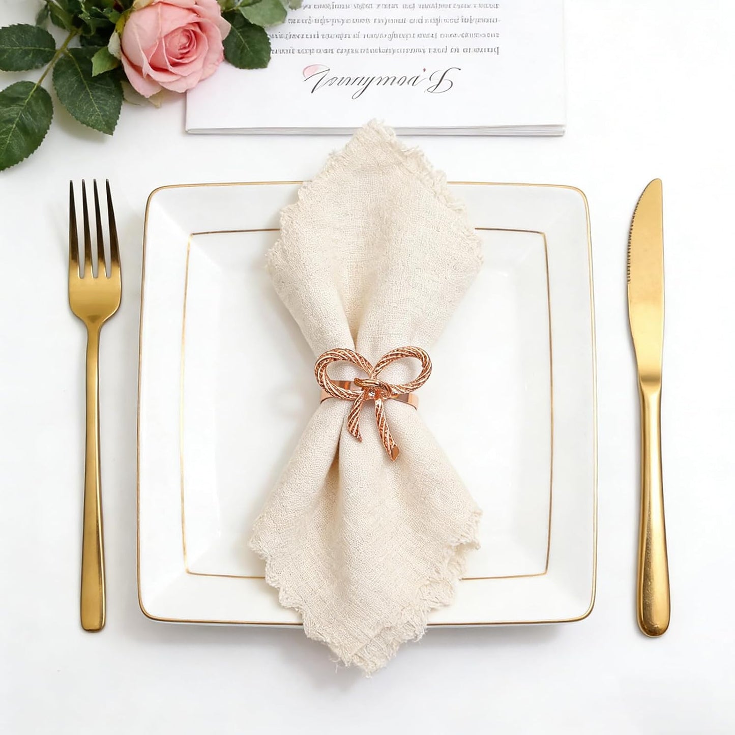 Rose Gold Bow Napkin Rings Set of 12 for Wedding Party Birthday Holiday Family Dinner Daily Table Decor,Elegant Metal Bow Tie Napkin Ring Holders for Valentine's Day Banquet Decoration