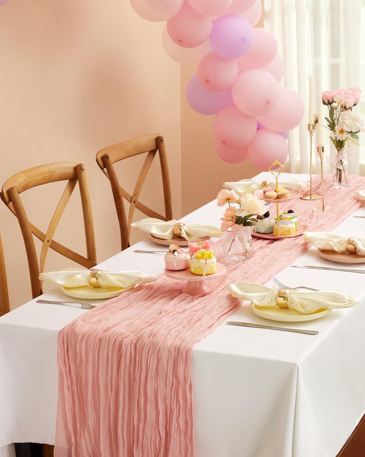 Pureegg 2-Pack Cheesecloth Table Runner, 120'' Easter Spring Boho Gauze Table Cloth Decorations for Party, Baby Shower, Wedding and Farmhouse, Fabric Room Decor, Dusty Pink