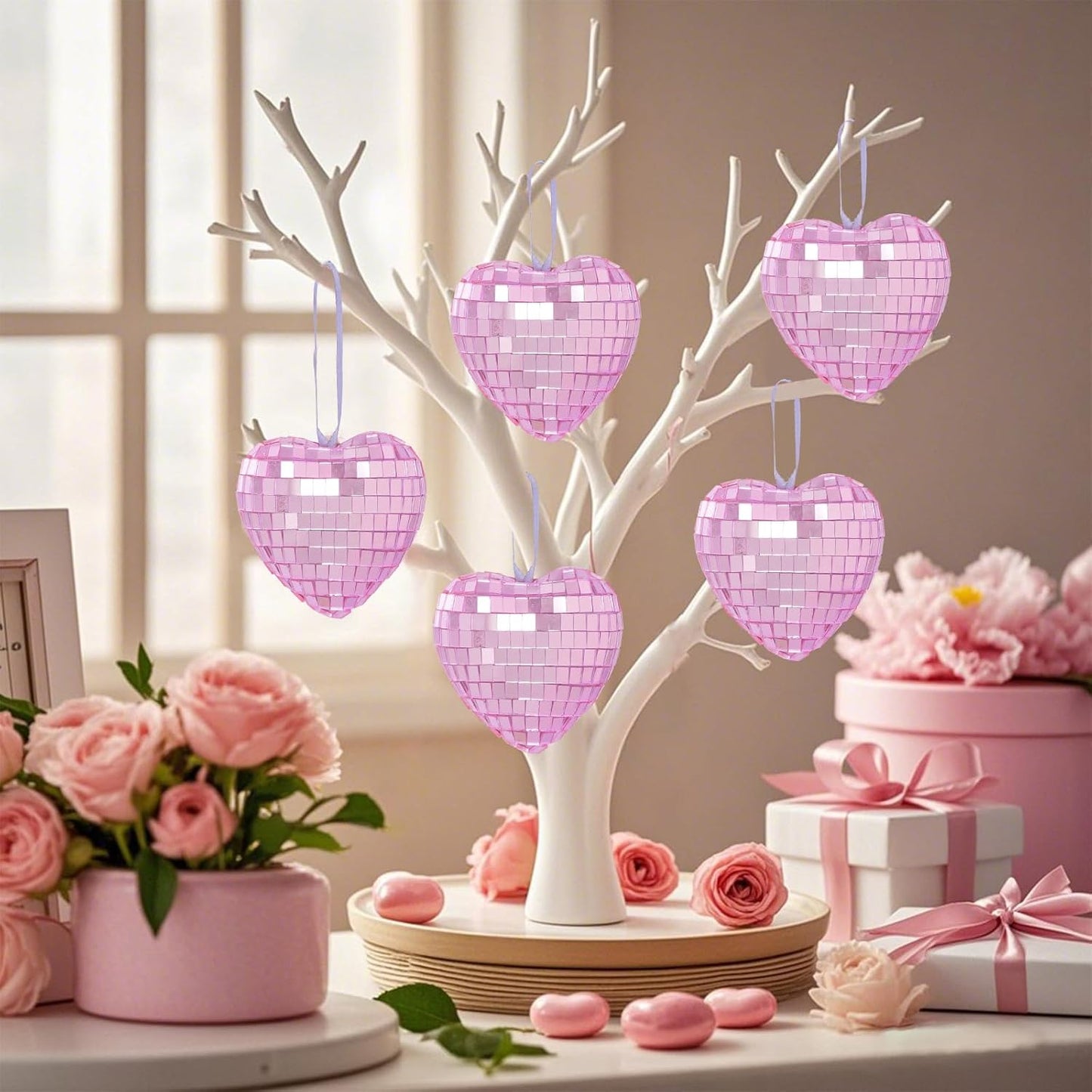 12pcs Heart Disco Valentine Ornaments Heart Shaped Disco Ball Pink Mirror Balls Hanging Ornaments for Valentines Decorations Tree Party (12, Pink, 2.4in)
