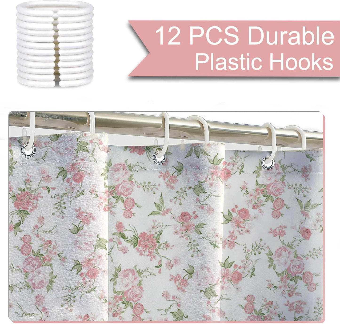 Mocsicka Floral Shower Curtain Pink Flowers Bathroom Shower Curtain Spring Pink Floral Waterproof Fabric Shower Curtains Bathtub Decor with 12 Hooks 72 X 72 Inch (Pink)