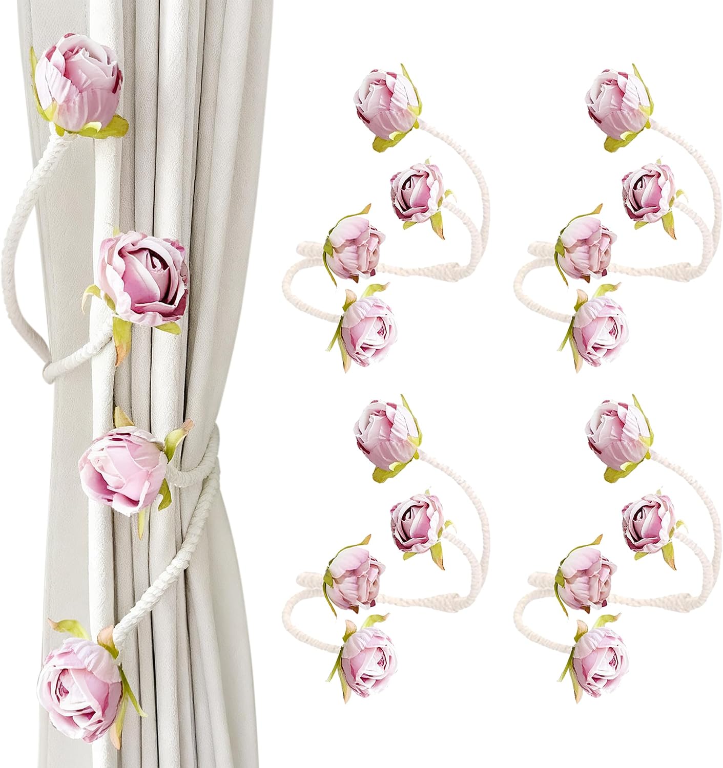 Decorative Rose Curtain Tieback with Artificial Flowers, Pink Roses on White Twisted Rope, Decorative Curtain Accessories, Elegant Window Treatment 4pcs (4)