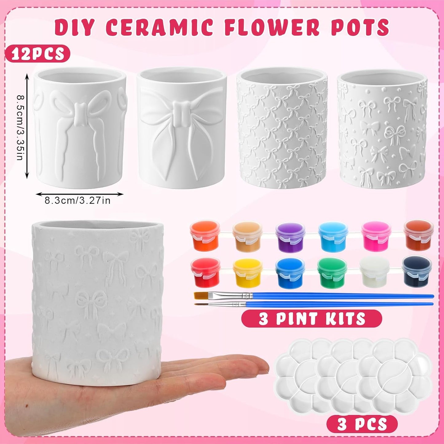 Zubebe 12 Pcs Paint Your Own Flower Ceramic Pots with Drainage Hole, 4 Style Pink Bow Unfinished Succulent Pots Painting Kit Mini Paintable Vase for Bow Party Craft Gift Girls Night DIY Art Activity