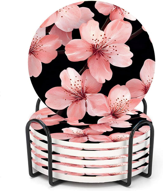 Nikyi 6 Pcs Pink Flower Ceramic Absorbent Coasters, Cherry Bloom Floral Round Drink Coaster with Metal Holder & Cork Base, for Coffee Table Desk Home Decor or Women Mom Wife Gift