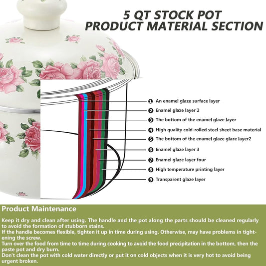 Retro Flower Enamel Stockpot with Lid,Stockpots for Cooking,Vintage Floral Stew Bean Simmer Pot with Handle, Kitchen Soup Pot, Safe for Induction Cookers, Gas Stove (PINK-5QT)
