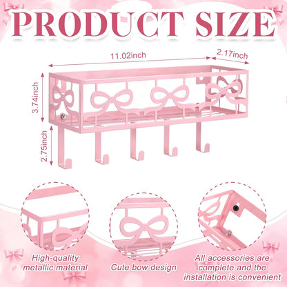 Hicarer Pink Bow Key Holder Wall Mount with Basket and 5 Hooks Decorative Cute Coquette Bow Hooks Hanger Pink Key and Mail Organizer Coquettish Preppy Decor for Entryway Home Apartment Dormitory