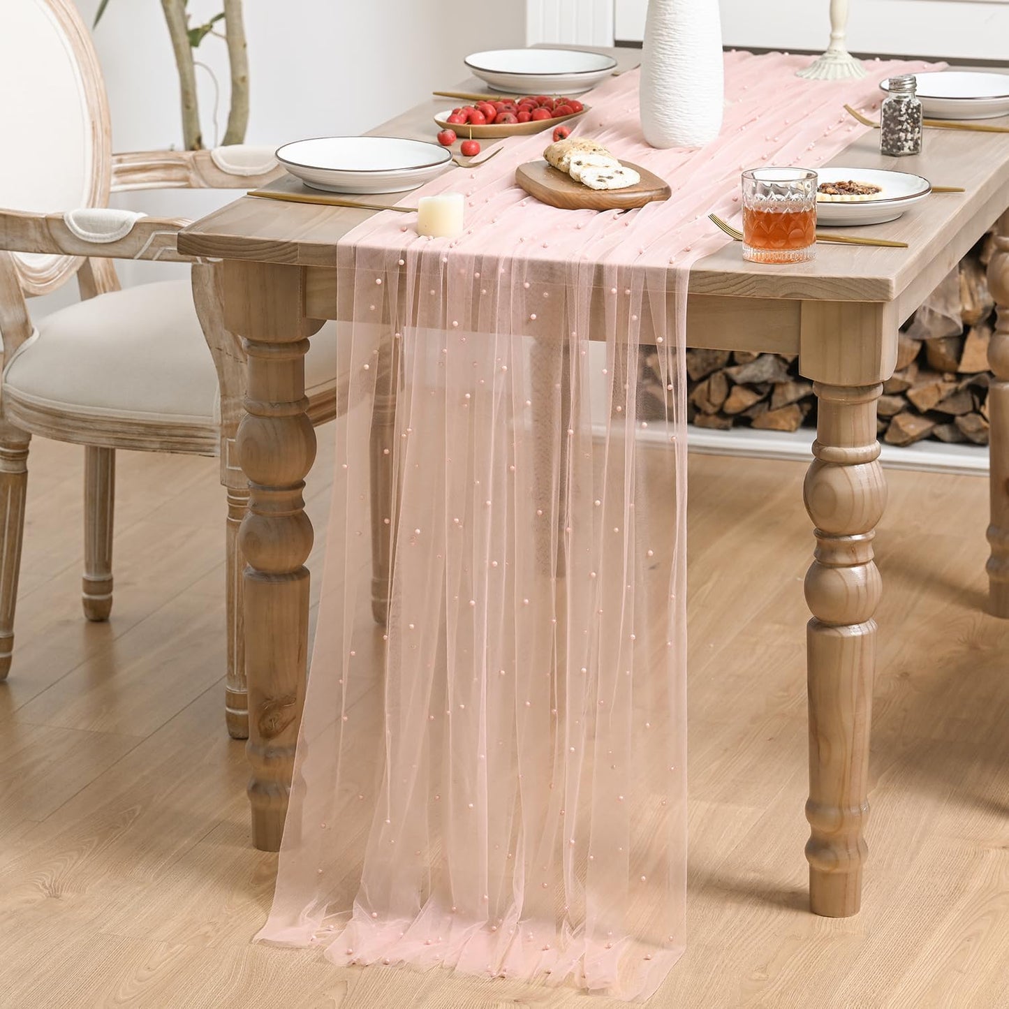 Horaldaily Pink Pearl Pink Gauze Tablecloth 60×84 Inch Rectangular, Spring Summer Tulle Lace Cheesecloth, Bridal Shower Table Cover for Wedding Birthday Table Decor