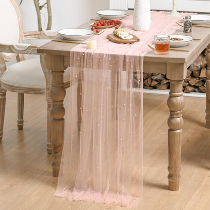 Horaldaily Pink Pearl Pink Gauze Tablecloth 60×84 Inch Rectangular, Spring Summer Tulle Lace Cheesecloth, Bridal Shower Table Cover for Wedding Birthday Table Decor