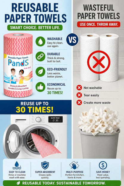 Reusable Paper Towels Washable, 60 Cts Disposable Cleaning Dish Cloths, Multi-Purpose Kitchen Wipes Roll, Pink