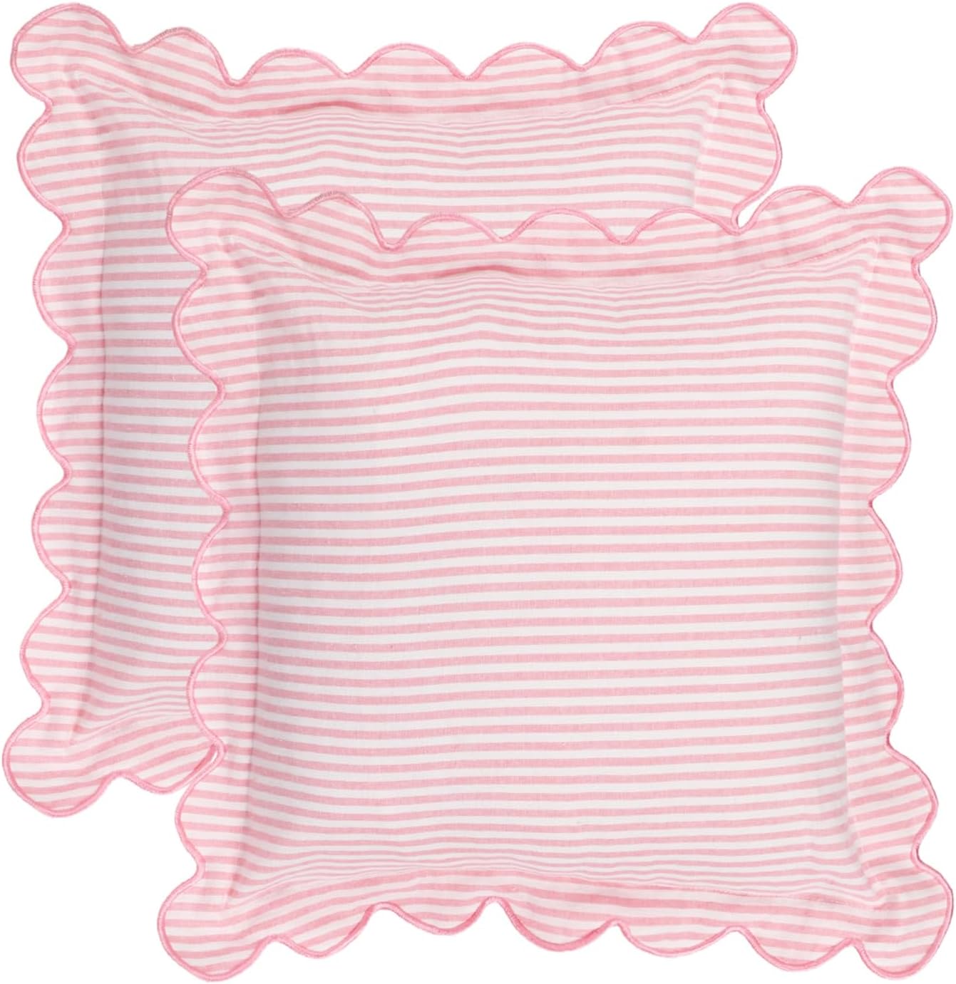 Coastal Style Indoor/Outdoor Scalloped Edge Embroidered Pillow Cover Only, 18“ x 18”, for Sofa, Pink Stripe Design (Pink Stripes)