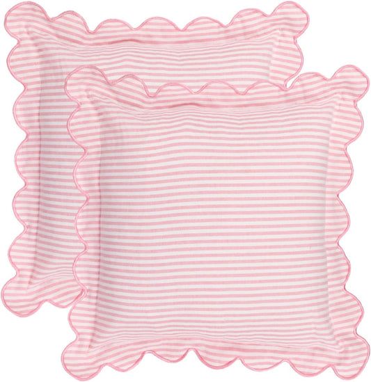 Coastal Style Indoor/Outdoor Scalloped Edge Embroidered Pillow Cover Only, 18“ x 18”, for Sofa, Pink Stripe Design (Pink Stripes)