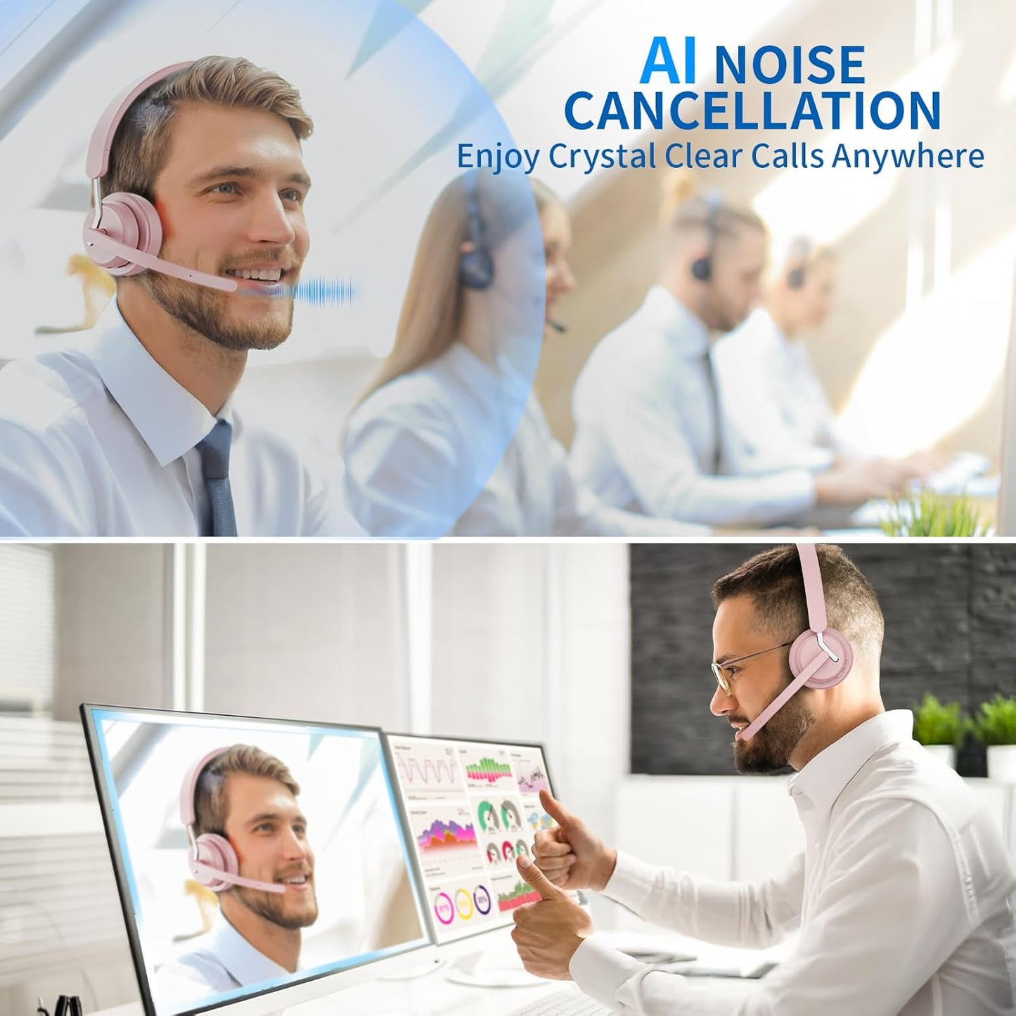 awatrue Wireless Headset with Mic for Work, Bluetooth Headphone with AI Noise Cancelling Mic for Clear Calls, Bluetooth 5.3 & 2.4G Dongle, Computer Headset for Call Center/PC/Zoom(Pink