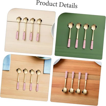 Healifty 4pcs Dessert Spoons with Ceramic Flower Handles Practical Cake and Coffee Spoons Elegant Rounded Handle Design for Home Coffee Shops and Bars Pink Gold