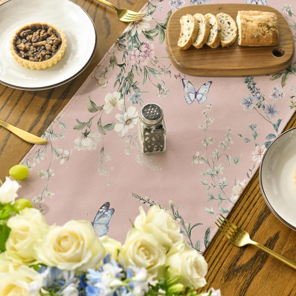 Artoid Mode Pink Floral Wildflower Leaf 210 GSM Spring Table Runner, Seasonal Summer Kitchen Dining Table Decoration for Home Party Decor 13x72 Inch
