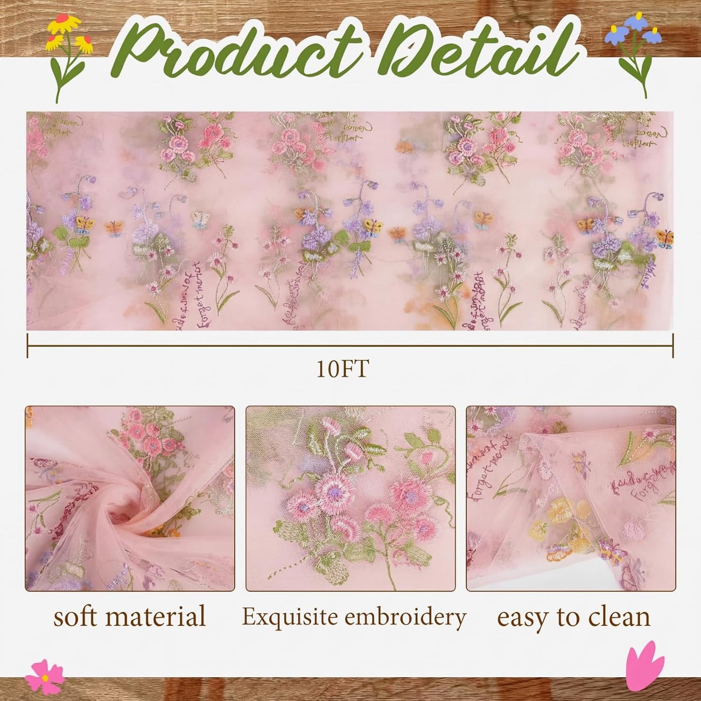 Pink Floral Table Runner 10ft Embroidery Tulle Spring Wildflower Table Runner Seasonal Summer Butterfly Kitchen Dining Gauze Decoration for Wedding Baby Shower Birthday Party (1 Pcs)