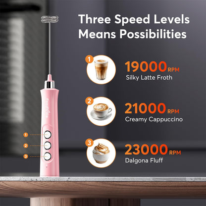 FoodVille MF02 Rechargeable Milk Frother Handheld Foam Maker with Stainless Whisk for Cappuccino, Latte, Bulletproof Coffee, Keto Diet, Protein Powder, Matcha (Coral Pink)