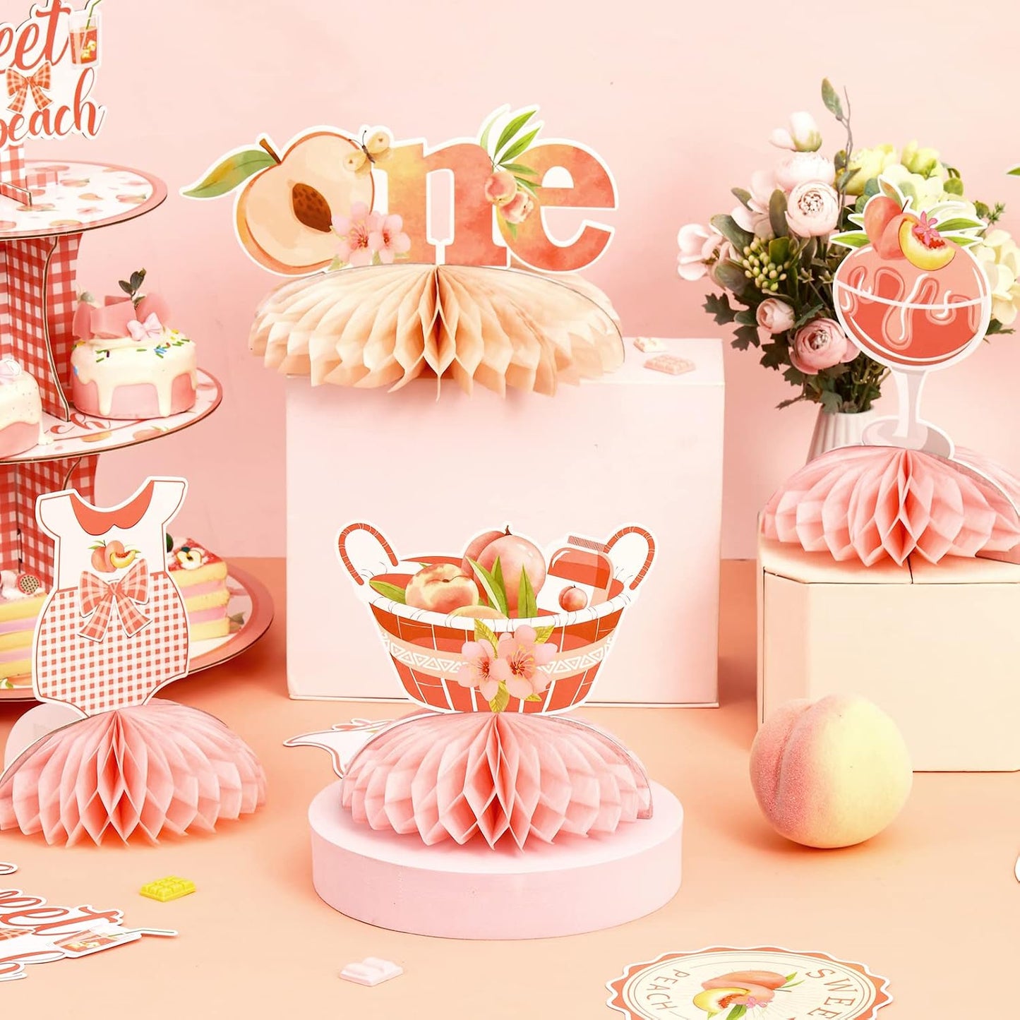 Peach Honeycomb Centerpieces Decorations - Peach First Birthday Decorations Girl, Double-Sided Printing One Sweet Peach Honeycomb Centerpiece for Fruit Themed Birthday Party