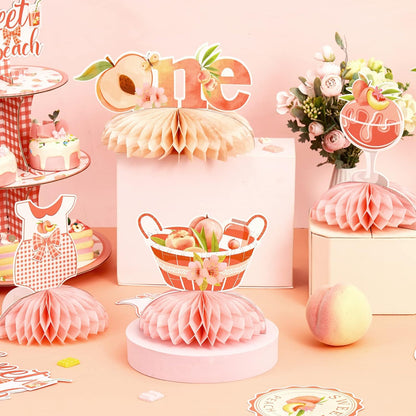 Peach Honeycomb Centerpieces Decorations - Peach First Birthday Decorations Girl, Double-Sided Printing One Sweet Peach Honeycomb Centerpiece for Fruit Themed Birthday Party