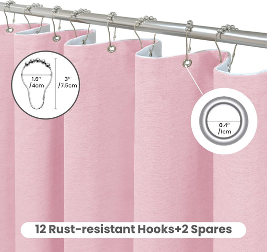 Inhousolu Boho Farmhouse Shower Curtain with Fabric Liner Set, Luxury Faux Linen Textured, Metal Hooks, Weighted Hem, Washable Wrinkle Free Bath Curtain for Hotel Bathroom 72" W x 78" L Pink