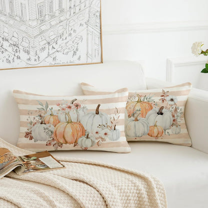 Pumpkins Floral Fall Pillow Covers 12x20 Inch Set of 2 Pink Stripe Autumn Decorative Throw Pillows Farmhouse Seasonal Thanksgiving Cushion Cases for Sofa Couch Home