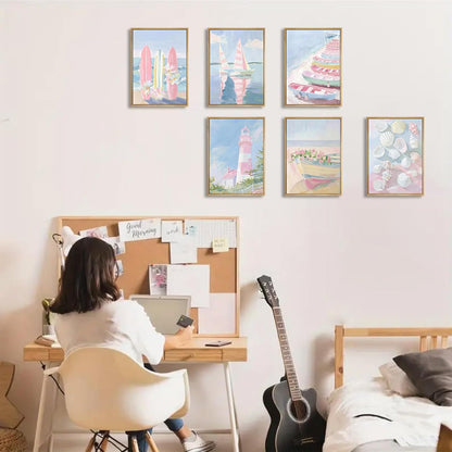 ONEOLTN 6Pcs Trendy Pastel Coastal Wall Art Blue Pink Beach Pictures Aesthetic Wall Decor Ocean Preppy Posters Surf Lighthouse Beachy Print Artwork for Teen Girl Room Dorm Apartment 8x10in Unframed