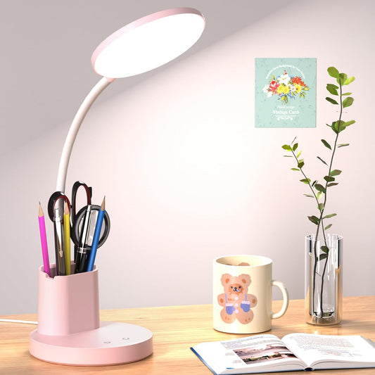 Desk Lamp, LED Desk Lamps for Home Office, Touch Table Lamp with 3 Color Modes 360° Adjustable Arm, Dimmable Desk Light with Pen Phone Holder for College Dorm, Pink