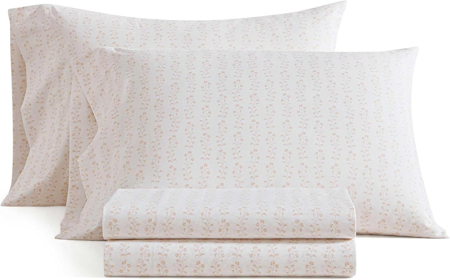 Martha Stewart - Queen Size Sheets Set, Crisp & Tailored Cooling Sheets w/a Naturally Smooth Cotton Percale Lightweight Feel - Bed Sheets with Matching Pillowcases & Fitted Sheet (Ditsy Vine Pink)