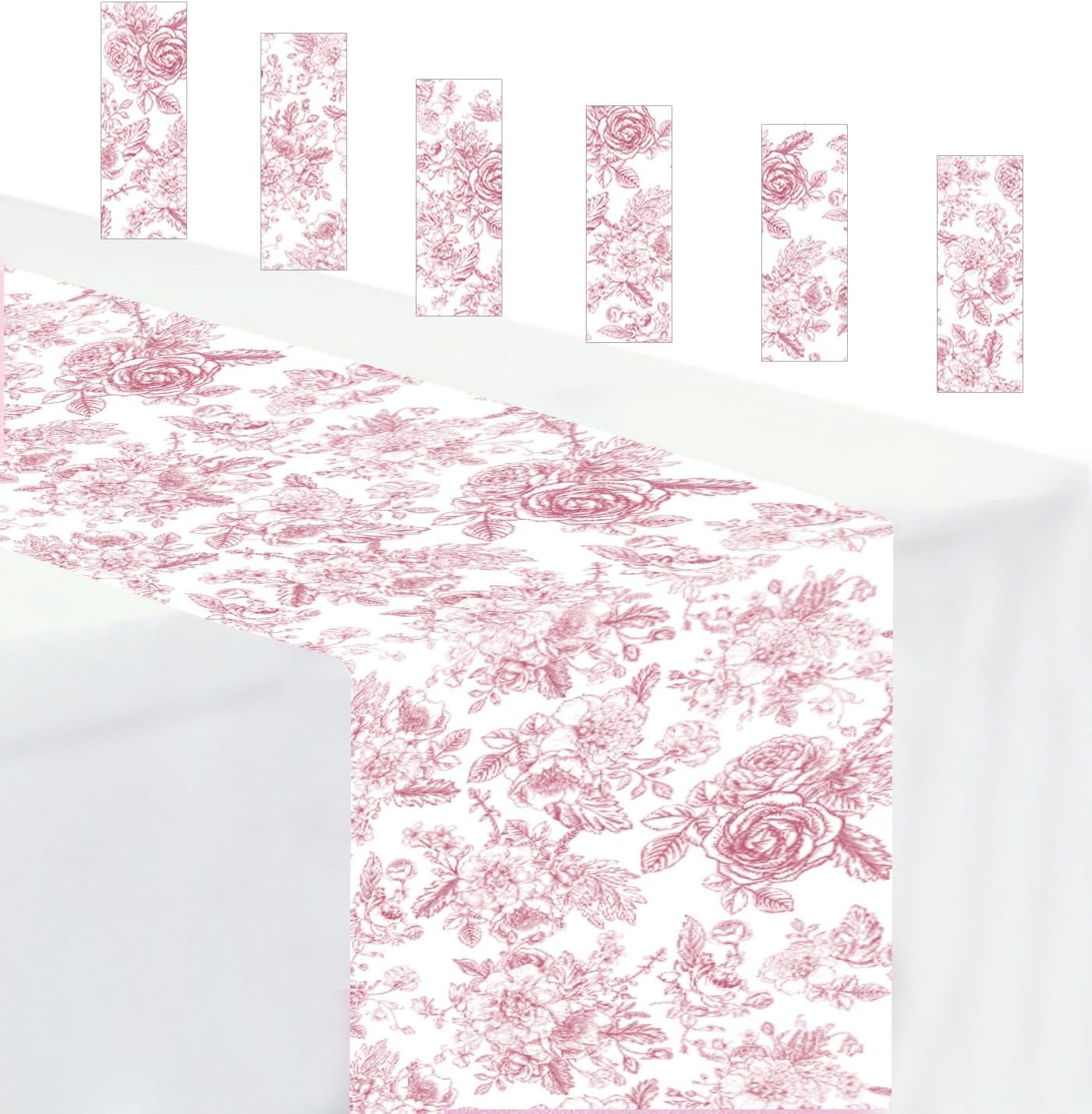 6 PCS Pink Floral Table Runner 14 x 108 Plastic Flower Table Runner for Party Birthday Baby Shower Bridal Shower Wedding Disposable Table Runners