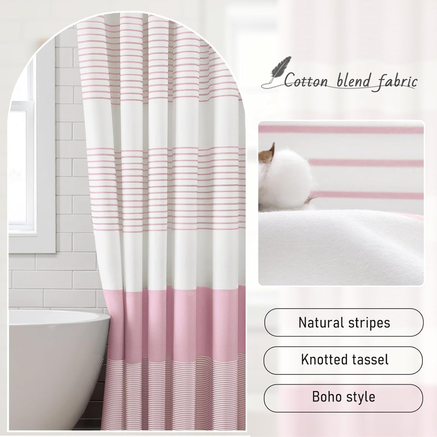Pink Shower Curtain Cotton Boho Striped Shower Curtains for Bathroom with Tassel 72 X 72