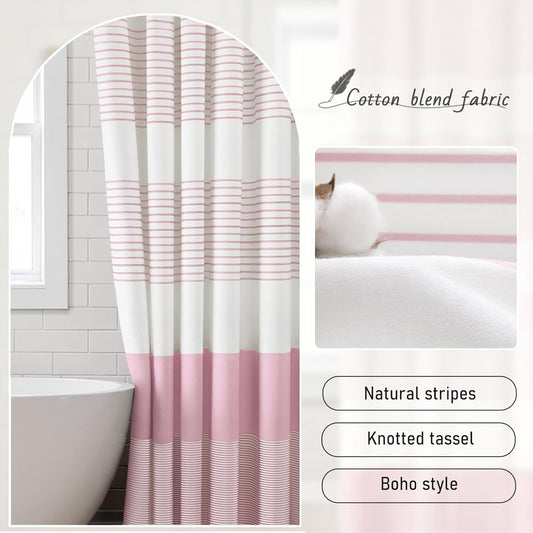 Pink Shower Curtain Cotton Boho Striped Shower Curtains for Bathroom with Tassel 72 X 72