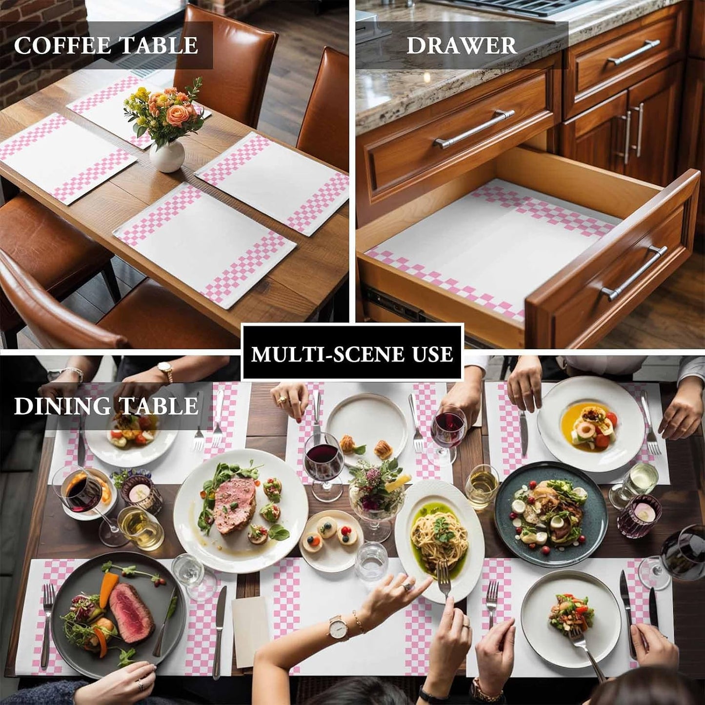 Pink Check Plaid Placemat Set of 4 Non-Slip Placemats for Dining Table Buffalo Farmhouse Style Pattern Washable Table Mats, Heat Resistant Kitchen Table Mats for Party, Dining Room & Home Decor