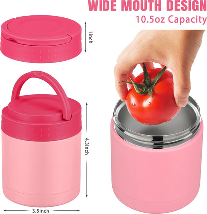 HWONMTE 10.5oz Soup Thermo for Hot Food Kids Adults Insulated Food Jar with Handle Width Mouth Leak Proof Food Containers Stainless Steel Lunch Box for Office School Travel Outdoors (Pink)