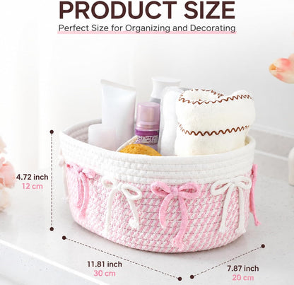 Geelin 3 Pcs Pink Bow Baskets for Gift Coquette Cute Woven Rope Storage Baskets Shelf Organizer Laundry Hamper Bins for Nursery Toys Organizing Wedding Baby Shower Decoration, 11.8''x7.8''x4.7''