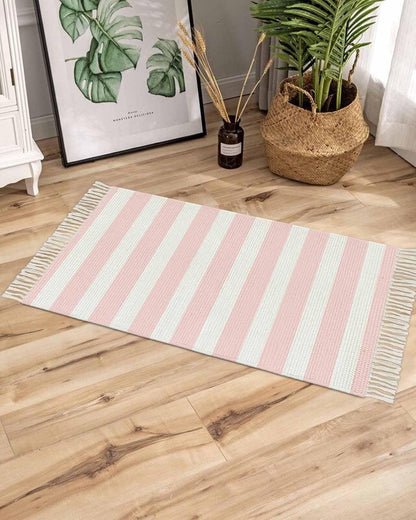Pink Stripes Bathroom Rug 2'x3', Woven Cotton Area Rug with Tassels Washable Front Door Rugs, Farmhouse White Simple Vertical Striped Non Slip Throw Runner Rug Carpet for Entry Laundry Kitchen