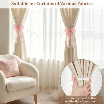 Dahey 2Pcs Bow Curtain Tiebacks Pink Ribbon Curtain Holdbacks with Bendable Metal Core Decorative Tie Backs Accessories for Curtains, Girls Bedroom Home Living Room Wedding Party Offices Decor