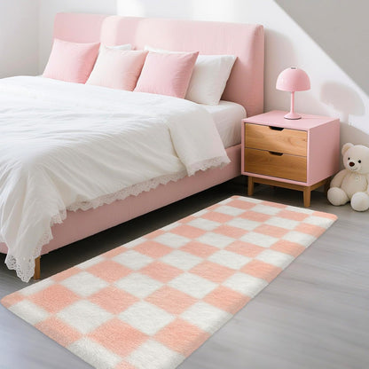 Soft Runner Rug for Bedroom 2x6 Pink and White Checkered Runner Shaggy Rug Indoor Fuzzy Carpet Non Slip Long Rug for Living Room Bedside Sofa Home Dorm