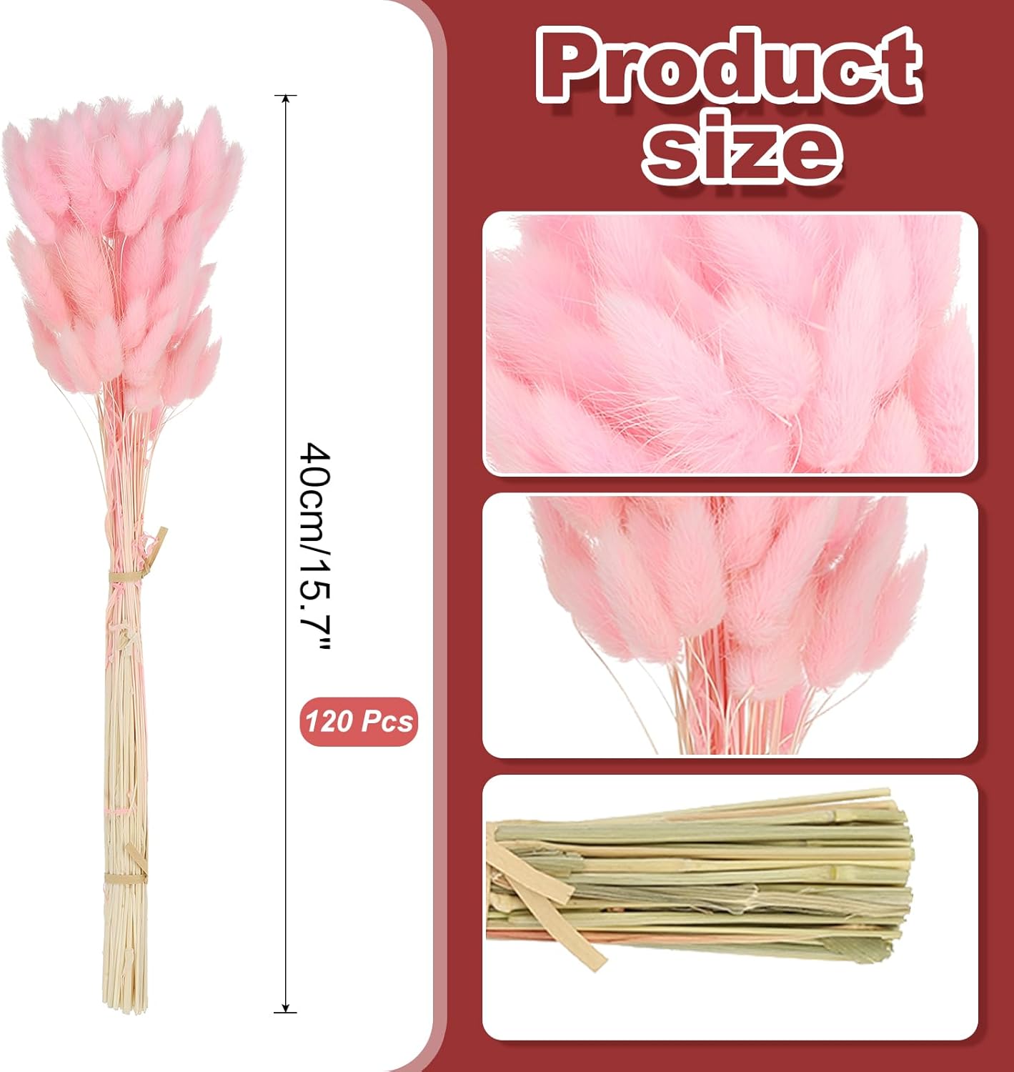 PATIKIL 15.7in Bunny Tails Dried Flowers, 120pcs Pampas Grass Decor Rabbit Tail Natural Pampas Grass Bulk Fluffy Faux Pampas Grass Dried for Home Boho Decor Vase Wedding Table, Pink