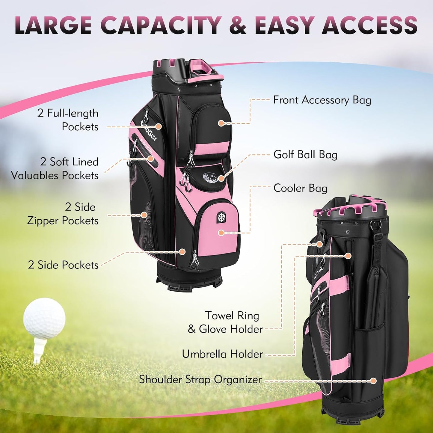 Tangkula Golf Cart Bag with 14-Way Full Length Dividers, 6 Molded Lock Top Golf Club Bag with 11 Pockets, Cooler Bag, Padded Strap, Handles, Umbrella Holder & Rain Hood