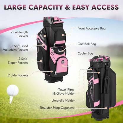 Tangkula Golf Cart Bag with 14-Way Full Length Dividers, 6 Molded Lock Top Golf Club Bag with 11 Pockets, Cooler Bag, Padded Strap, Handles, Umbrella Holder & Rain Hood
