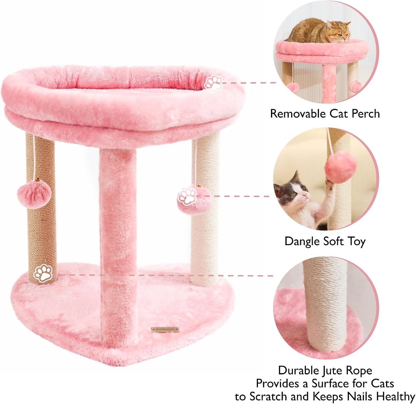 Cat Scratching Post Tree 3 in 1 Cat Tree Tower with Soft Bed, Heart Shape Scratch Posts with Two Hanging Ball Toys for Indoor Cats and Kittens Pink