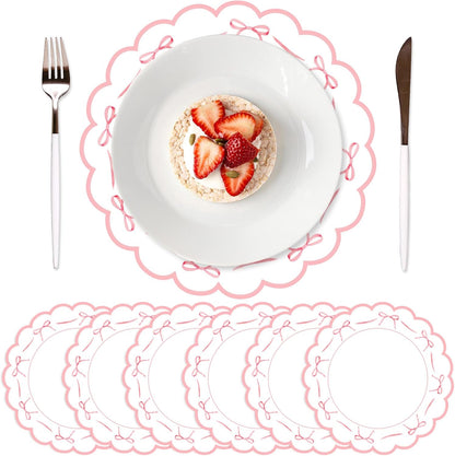 FYSUIMU Pink Bow Plastic Placemats Mother's Day Bowknot Coquette Table Mats Scalloped Place Mats for Wedding Birthday Baby Shower Bachelorette Party Kitchen Supplies, 6Pcs