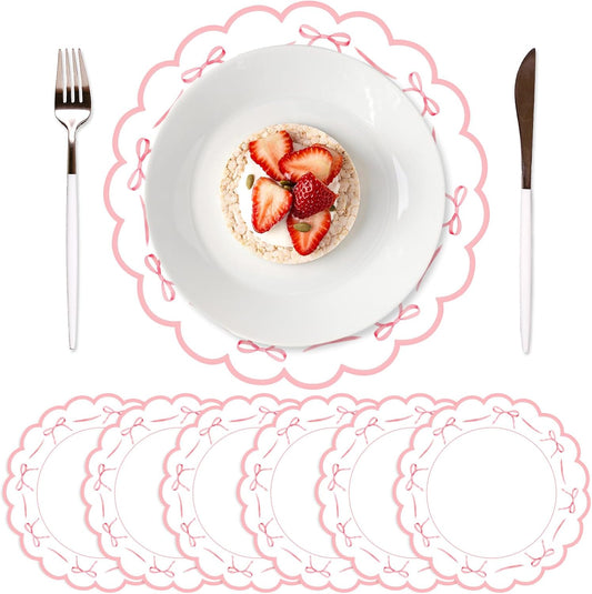 FYSUIMU Pink Bow Plastic Placemats Mother's Day Bowknot Coquette Table Mats Scalloped Place Mats for Wedding Birthday Baby Shower Bachelorette Party Kitchen Supplies, 6Pcs