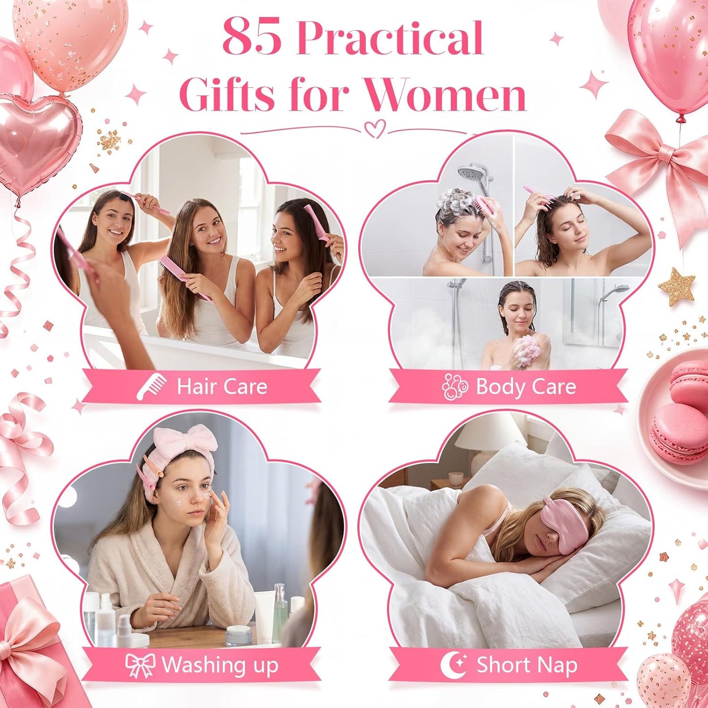 Duraaamo 85 pcs / 6 Set Pink Spa Party Favor for Sleepover Girls Gift with Massage Comb, Hair Claw, Eye Mask, Headband, Makeup Bag for Women Girls Birthday Bridesmaid Bachelorette Party