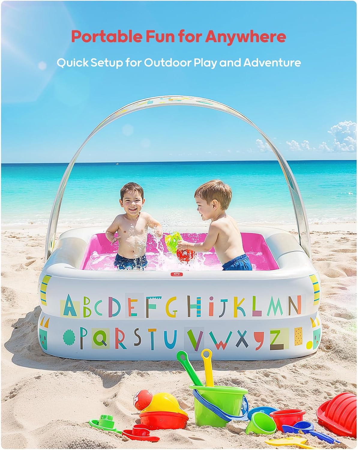 QPAU Kiddie Pool – 65" x 39" Inflatable Pool for Kids & Toddlers, Ball Pit & Baby Pool with Soft Cushioned Floor, Canopy for Sun Protection, Durable Outdoor Play Toys for Backyard & Indoor (Pink)