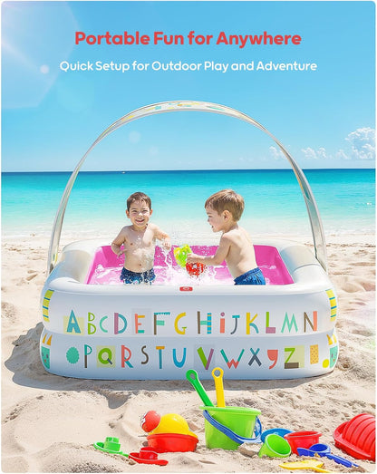 QPAU Kiddie Pool – 65" x 39" Inflatable Pool for Kids & Toddlers, Ball Pit & Baby Pool with Soft Cushioned Floor, Canopy for Sun Protection, Durable Outdoor Play Toys for Backyard & Indoor (Pink)